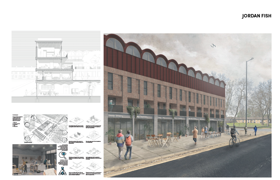 Jordan Fish
The Buddle: Intergeneration Craft Incubator
Northumbria University
Winner MA Award 
JUDGES COMMENTSVery nice and clear context drawings and imagery. Very clear and well-organised drawings and images on Page 2 that show a very rational and functional hierarchy of spaces.
• The Craft Incubator images are really fantastic, effectively illustrating a hive of activities and functional zoning of the parti.
• The HYEM concept demonstrates some good thinking about modern methods of construction and also upskilling local tradesperson adding further social value to the proposals.
• Overall, a well thought out and executed proposal.
