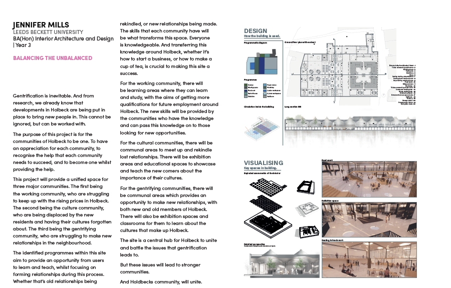 Jennifer Mills
Balancing the Unbalanced
Leeds Beckett University,
Highly Commended BA Interior Architecture and Design Award
JUDGES COMMENTSWonderful perspective sections and plans which are consistent and complement one another showing a good understanding of how the internal space can be utilised and experienced by the users.