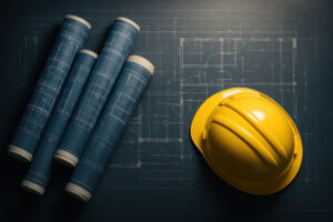 Blueprints and a bright yellow hard hat lie on a dark background, showcasing the essentials of construction planning and safety in a building project.