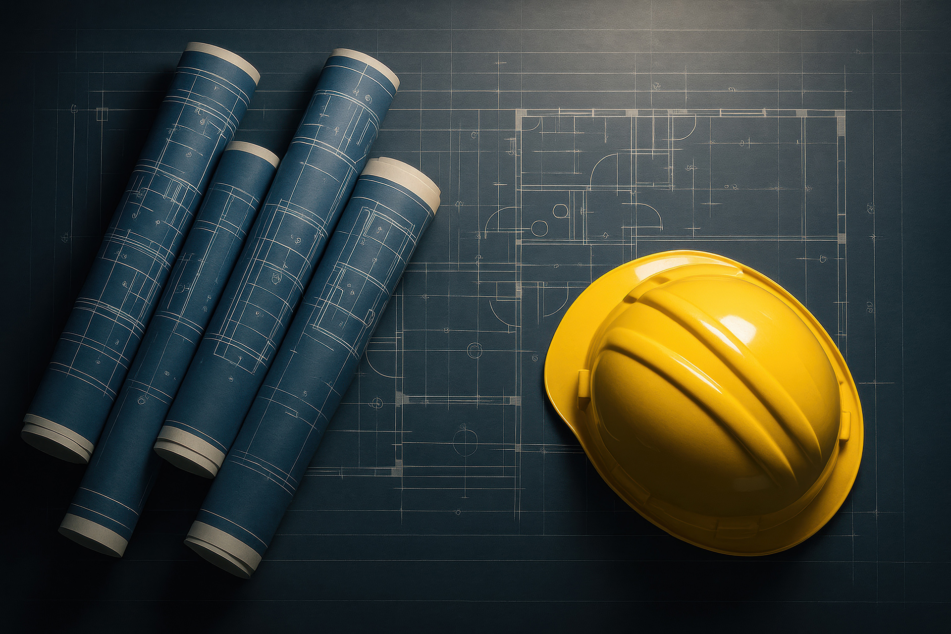 Blueprints and a bright yellow hard hat lie on a dark background, showcasing the essentials of construction planning and safety in a building project.