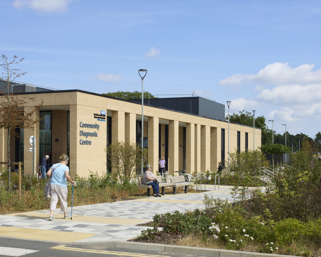 People at the entrance of the Norfolk and Norwich Community Diagnostic Centre